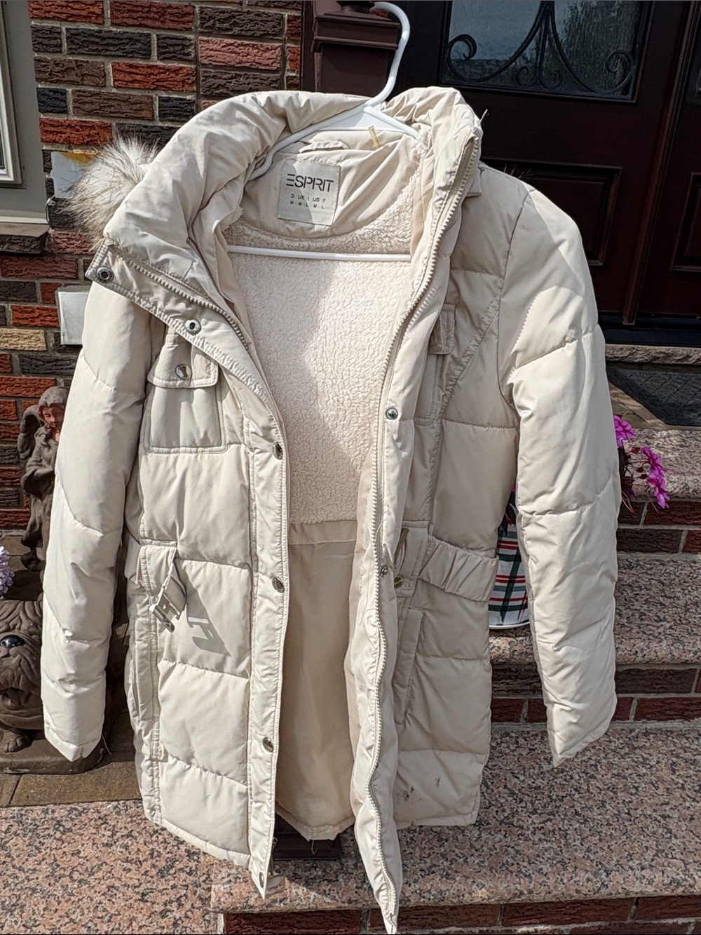 Esprit Women's Light Cream Quilted Puffer Coat with Sherpa Interior